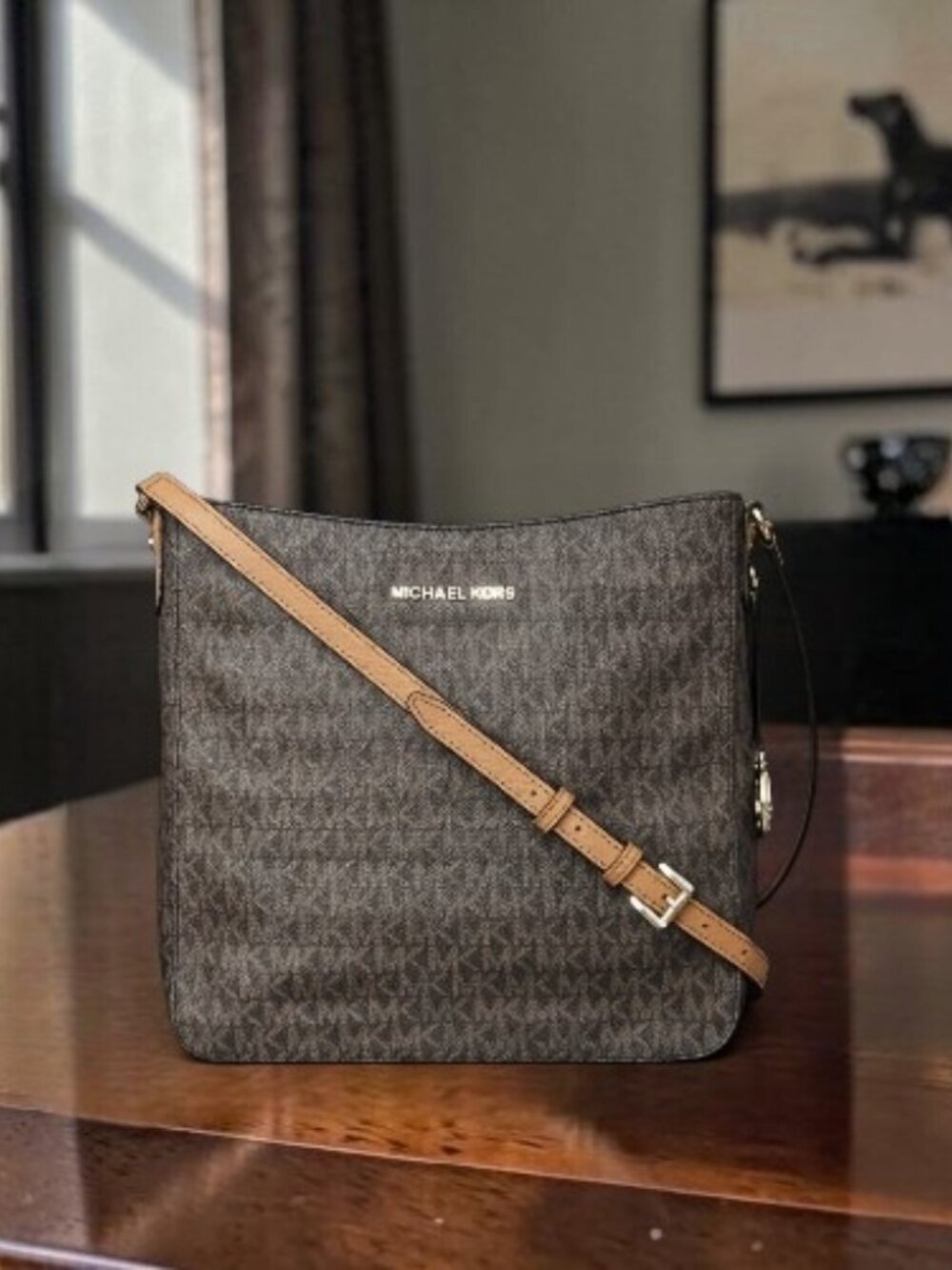 Michael Kors Jet Set Travel Large Messenger Crossbody Monogram Bag COA Brown